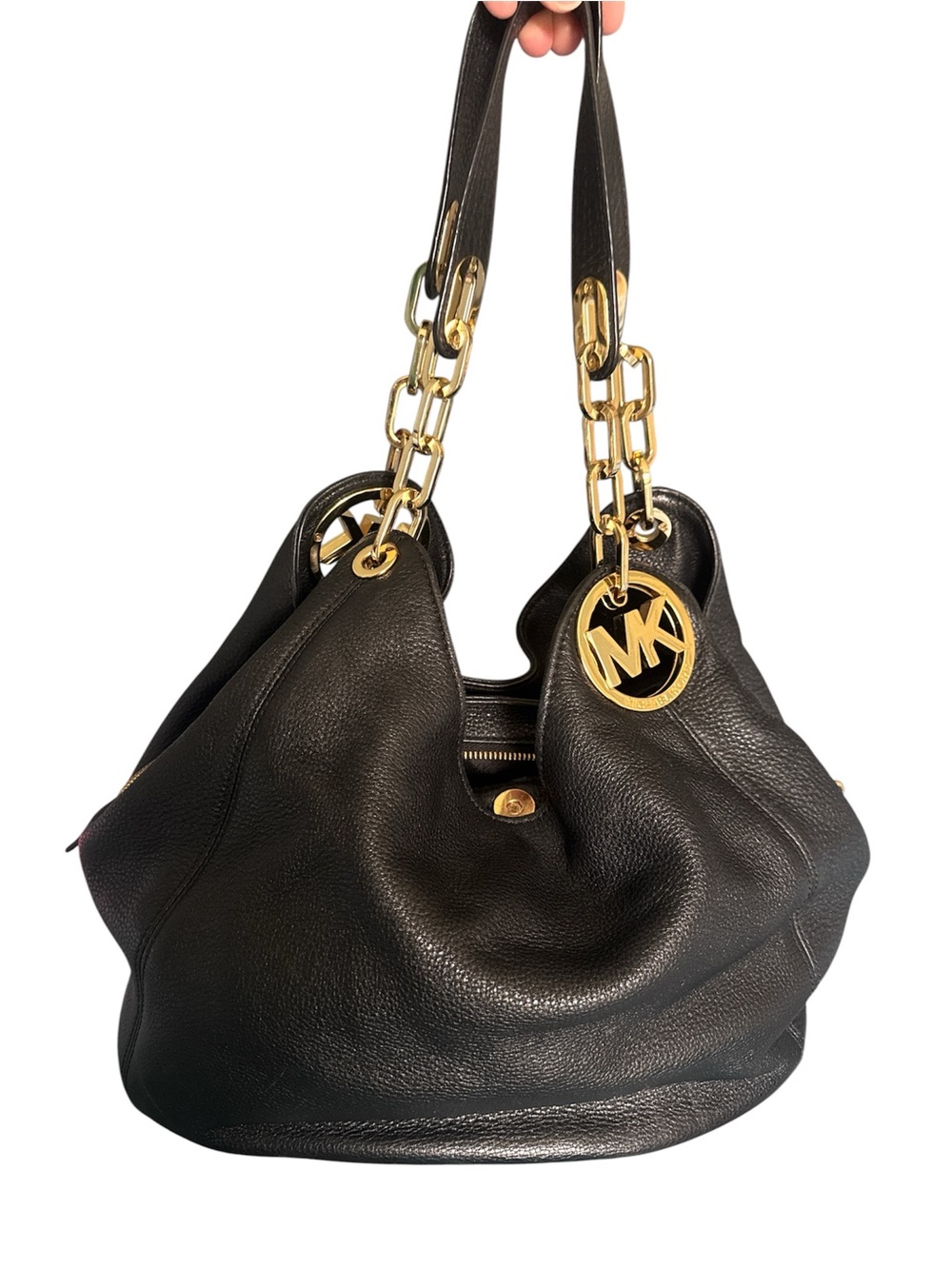 Michael Kors Fulton Black Pebbled Leather Shoulder Hobo Bag with Gold Hardware - Picture 2 of 9